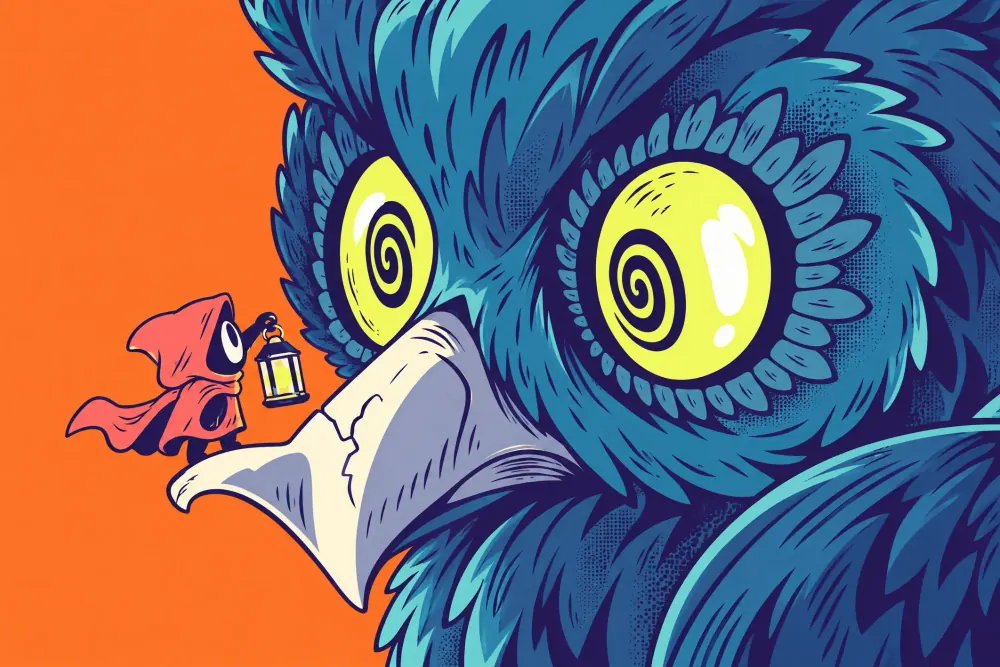 A giant blue owl with spiralling yellow eyes looming over a small red-hooded figure holding a lantern