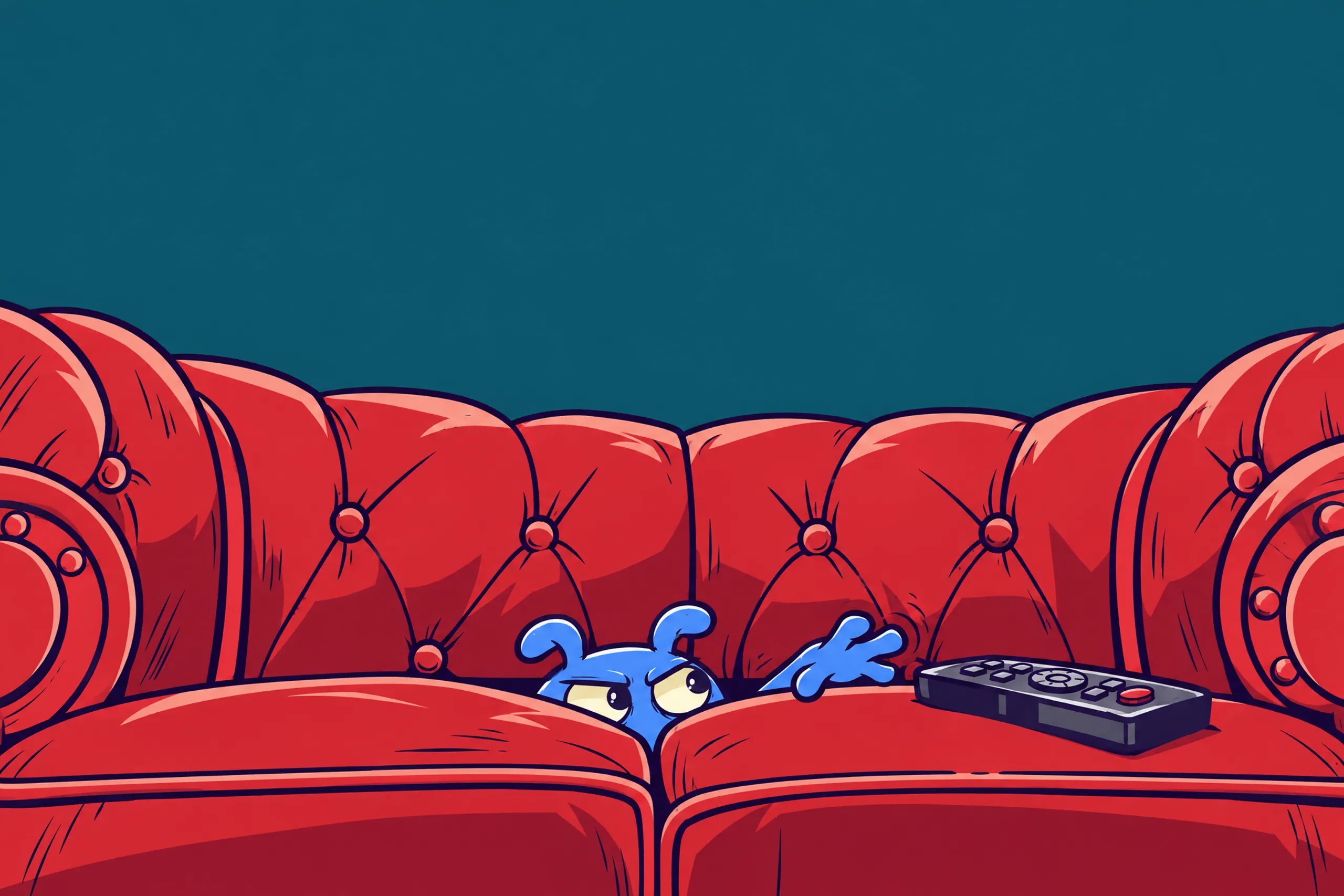 A huge red buttoned sofa, two eyes peering out of the gap between the cushions beside a hand reaching for a remote