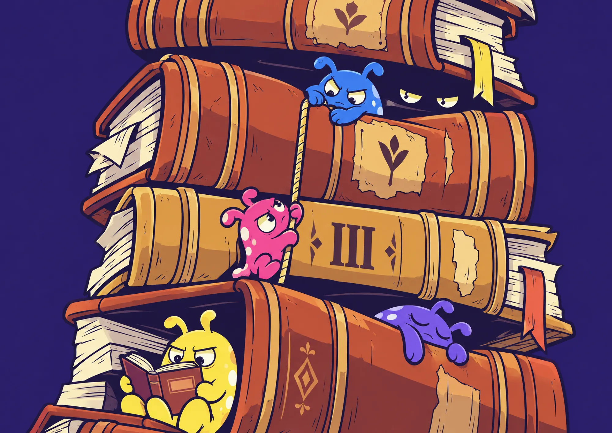 A towering leaning stack of old books with four small creatures tucked into the gaps at different heights