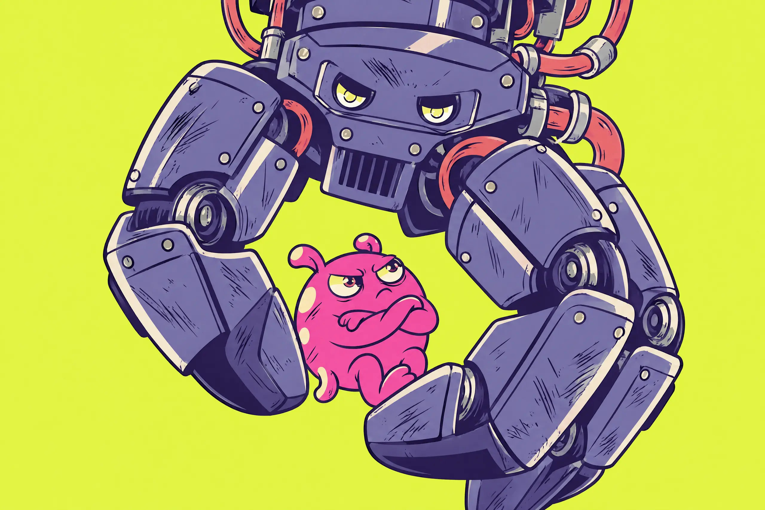 A huge mechanical claw lowering from above, holding one unimpressed pink creature
