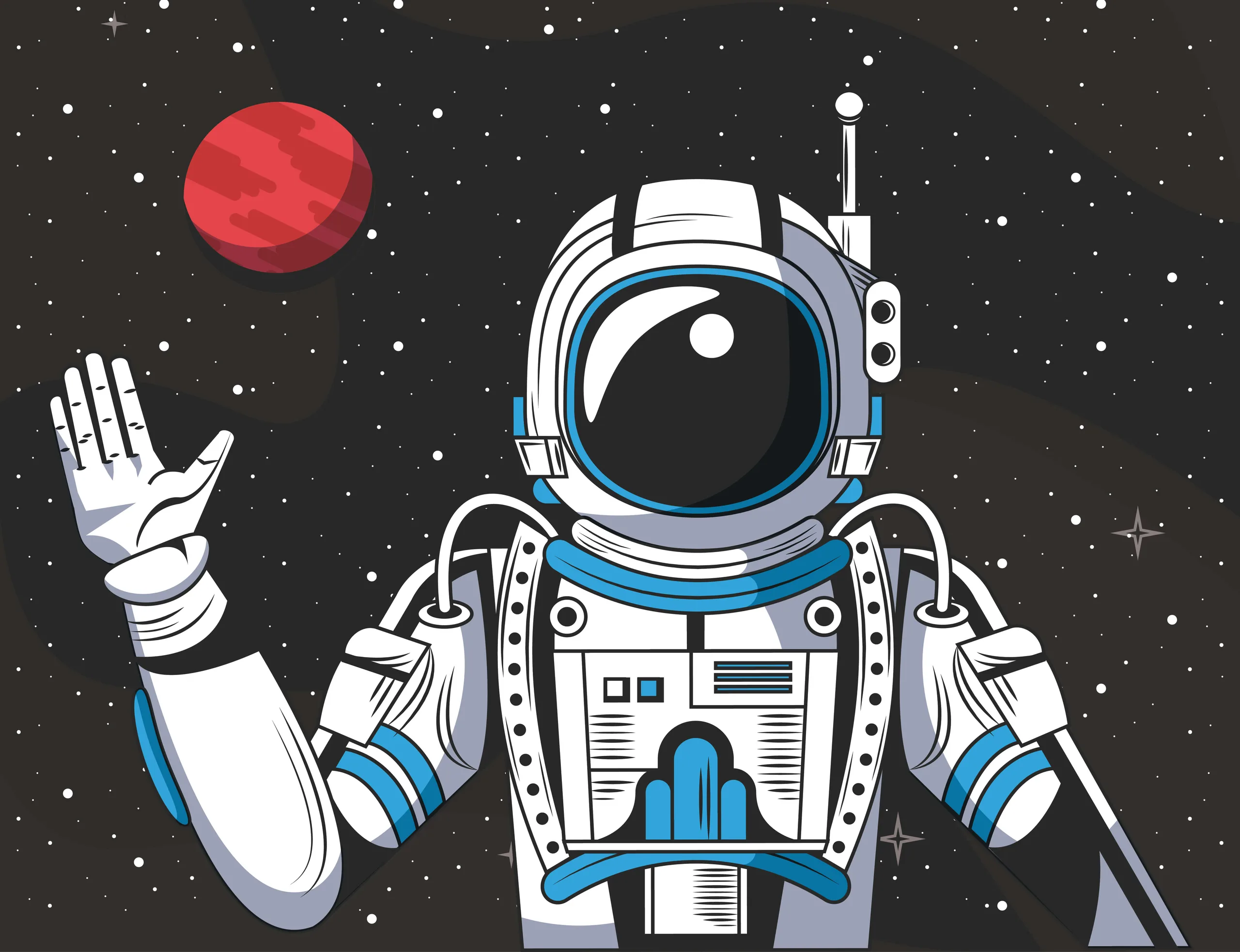 An astronaut in a white suit waving beside a red planet in deep space