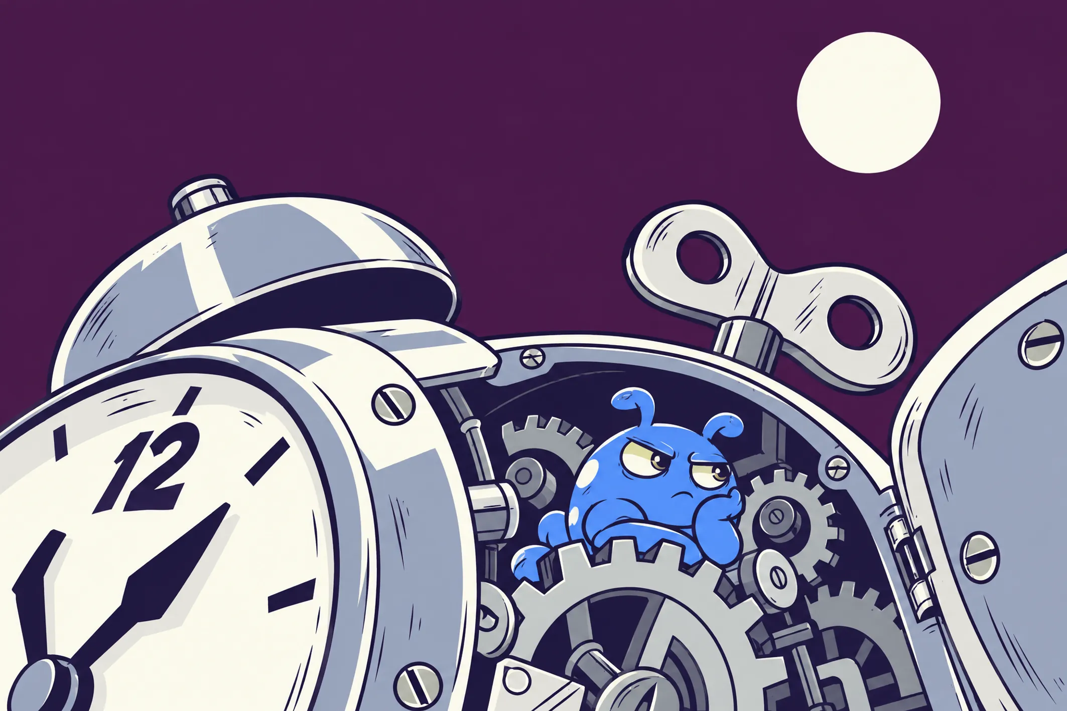 A giant wind-up alarm clock on its side, a small blue creature sitting among the gears behind its open back panel