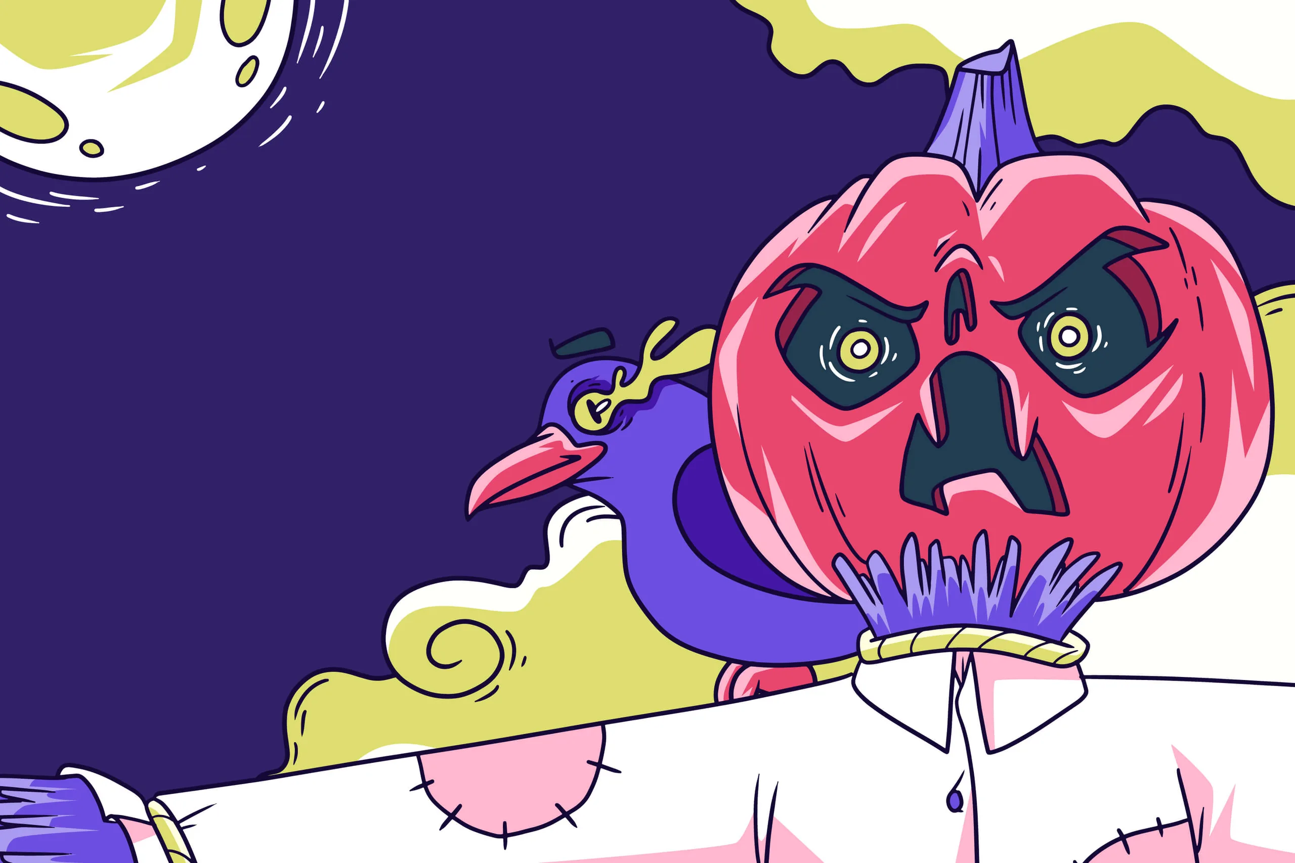 A scarecrow with a scowling pink pumpkin head under a full moon, a purple bird perched on its shoulder